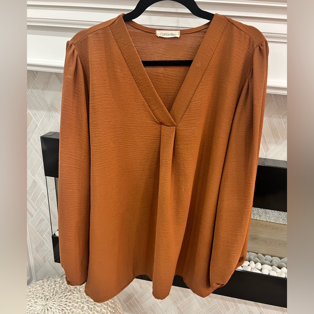 Cotton Bleu Terracotta Rust V-Neck Puff Sleeve Flowy Blouse 1X